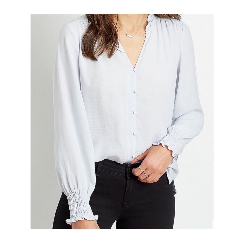 maurices 1X Light Blue Silky Cotton Back Combo Button Down Long Sleeve Blouse